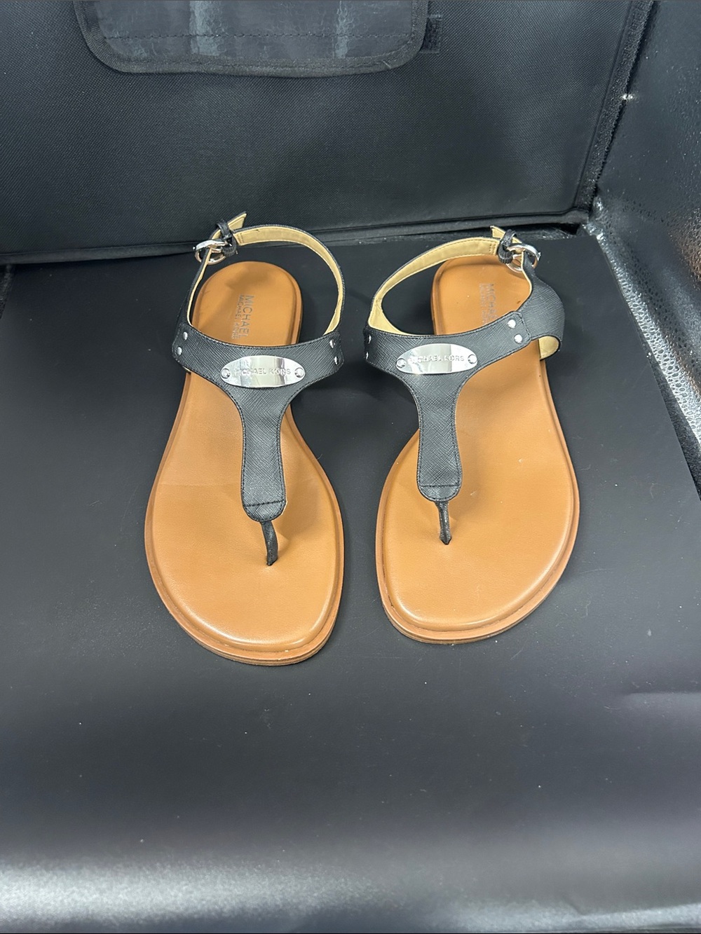 Michael Kors Black and Tan T-Strap Leather Sandals